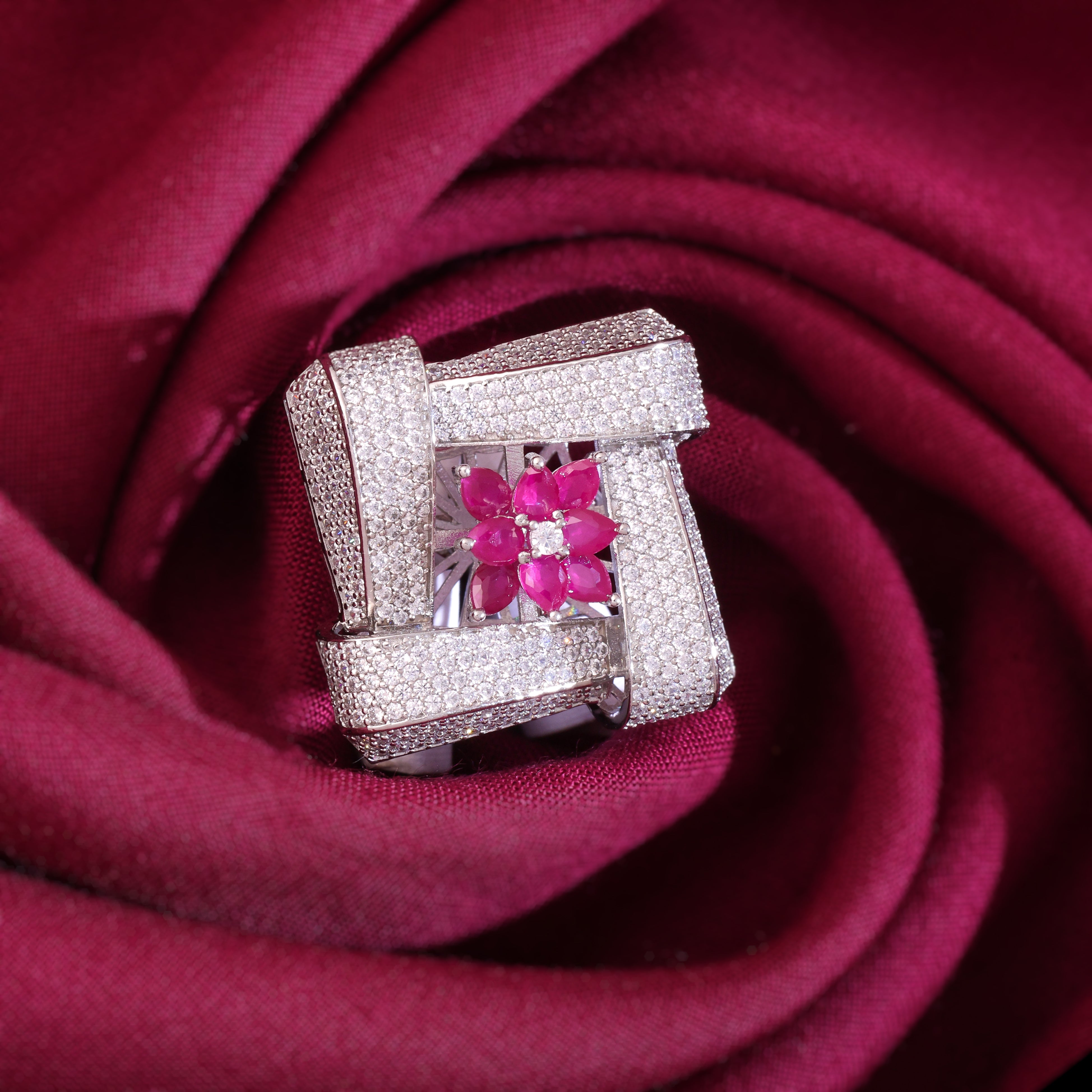 Pink Spark 925 Silver adjustable Cocktail Ring